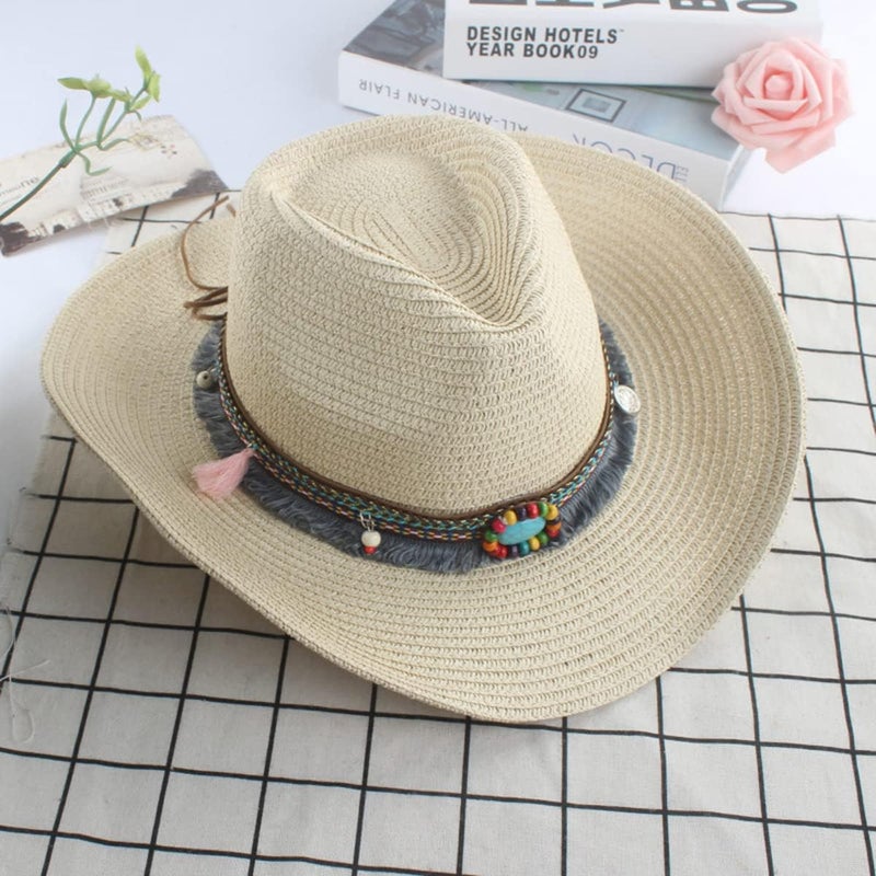 Holiberty Mens Straw Cowgirl Cowboy Hat Women Floppy Packable Wide Brim Sun Hat UPF50 Western Panama Travel Beach Cap Fedora Bucket Hat - Image 2